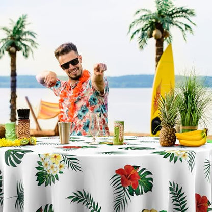 Oudain 6 Pcs 84" Summer Round Hawaiian Tablecloths, Lagre Tropical Luau Plastic Table Covers with Palm Leaves & Hibiscus Flower, Aloha Tiki Beach Pool Party Decorations Supplies (White) - color: White