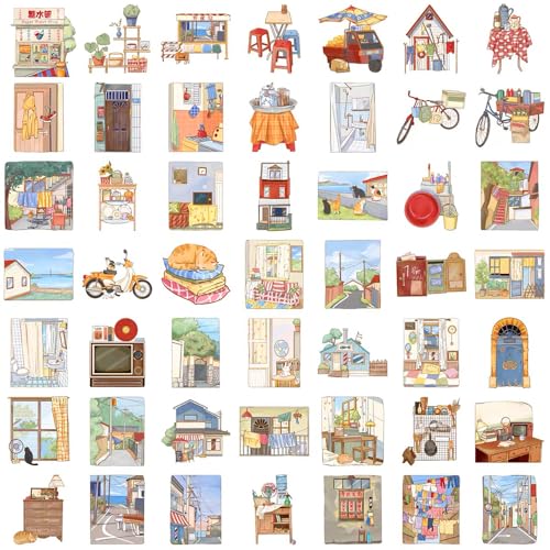 50Pcs Vintage Stickers,Waterproof Transparent PET Aesthetic Decorative Sticker Scrapbooking Supplies for Adult Card Making Letters Planner Journaling Junk Journal DIY Water Bottles Art Craft.Scene - color: Scene