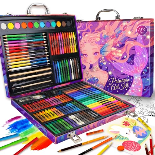 Cokiki Mermaid Art Set for Kids, 184 Piece Drawing Art Kit - color: Violet Princess