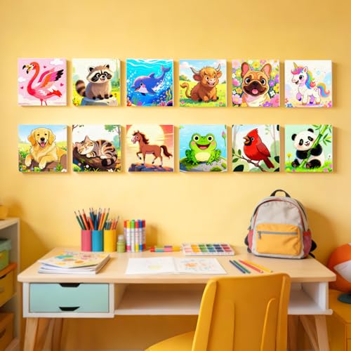 Animal 12 Packs Pre Drawn Canvas to Paint, Pre Printed Canvas for Painting, Pre Stretched Canvas Outline Painting Boards for Beginners, Students, Party Favors - color: animal