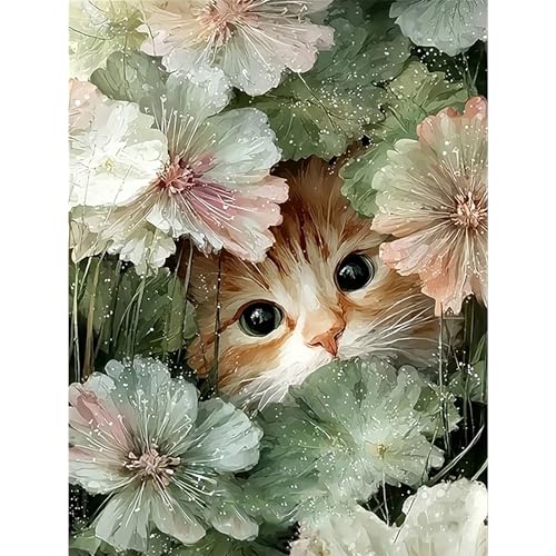 Cute Cat Diamond Art Kits for Adults,Flower Diamond painting Wall Decor | Diamond Art Kit for Beginners, 5D DIY Full Drill Diamond Painting Gem Art, Home Wall Art Gifts(12x16 inch) - color: DP03658