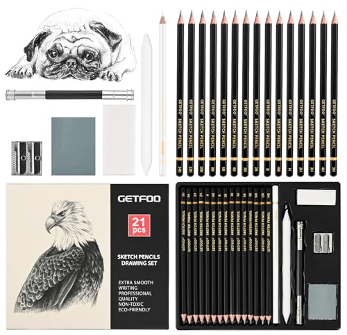 21pc Drawing Sketching Pencil Set Graphite 14B-5H & Charcoal Pencils