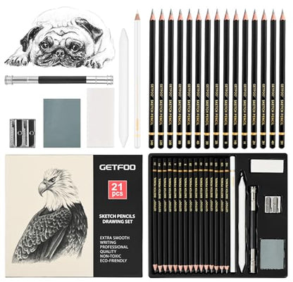 21pc Drawing Sketching Pencil Set Graphite 14B-5H & Charcoal Pencils
