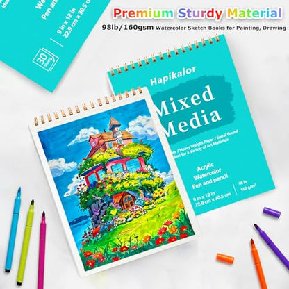 Mixed Media Sketchbook 9"x12" Multimedia Sketchbook, 30 Sheets Sketch Book | Top Spiral Bound Sketch Book, 98lb/160gsm Mixed Media Paper, Watercolor Paper Sketch Pads for Drawing, Painting, Art Supplies - size: 9" x 12"