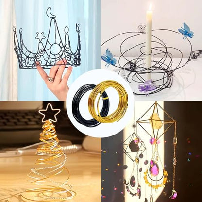 SNAIL GARDEN 9 Gauge/3mm Aluminum Craft Wire Kit with Crystal Suncatchers, Butterfly Plant Clips & Pliers，65.6 ft (20 m) Aluminum Wire for Crafts DIY Plant Trellis, Jewelry Making (Gold&Black)