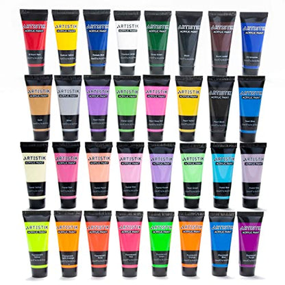 ARTISTIK 32-Color Acrylic Paint Set with 3 Brushes – 22ml Tubes of Artist-Quality Acrylic Paints for Canvas, Wood Crafts, Ceramic & Art Supplies - style: 32 x 22ml Acrylic Paint with Brushes
