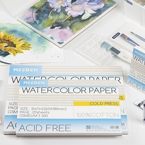 MEEDEN Cotton Watercolor Paper Block: 10" x 7" Cold Pressed of 20 Sheets - color: Cold Press, size: 10×7"