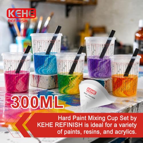 100-pack Paint Mixing Cups by KEHE REFINISH,10 oz (300ml),Disposable or Reusable Plastic Measuring Cups with Lids for Liquids, Paints, Resin, Epoxy, Art,Ratios 1:1,2:1, 3:1, 4:1,5:1,6:1,8:1 - size: 10oz-100Kit