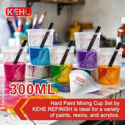 100-pack Paint Mixing Cups by KEHE REFINISH,10 oz (300ml),Disposable or Reusable Plastic Measuring Cups with Lids for Liquids, Paints, Resin, Epoxy, Art,Ratios 1:1,2:1, 3:1, 4:1,5:1,6:1,8:1 - size: 10oz-100Kit