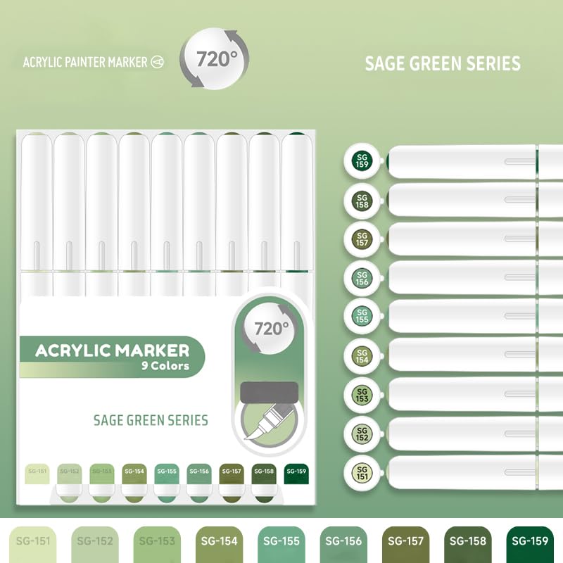 Water Based Acrylic Paint Markers, 9 Colors Paint Pen Set - color: Green Series-2