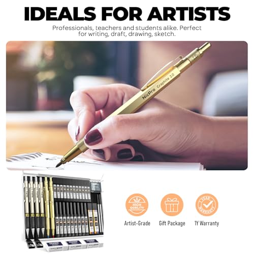 Nicpro 37PCS Gold Art Mechanical Pencil Set, 0.3/0.5/0.7/0.9/2mm Point | 360 Lead Refills(6B 4B 2B HB 2H 4H) 4 Erasers+18 Eraser Refills, Full Metal, School Supplies for Sketching Drawing Drafting - color: Gold, style: 0.3 0.5 0.7 0.9 2.0