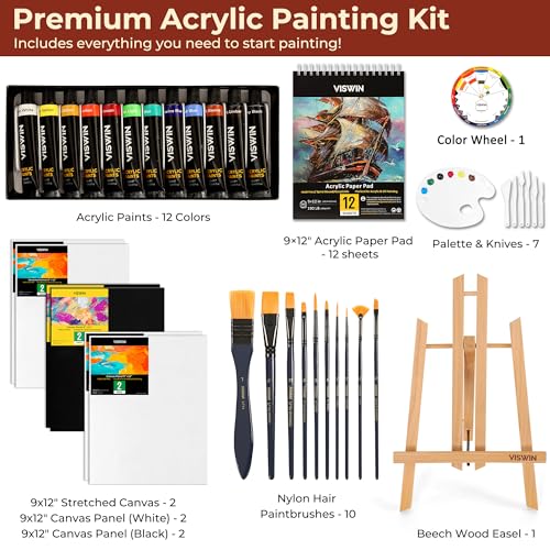 VISWIN 50 Pcs Acrylic Paint Set with Tabletop Easel, Painting Kit with 12 Acrylic Paints, Canvases, Brushes, Palette, Paper Pad, Art Supplies, Ideal Gift for Adults, Kids, Artists, Students - size: 50 Pcs