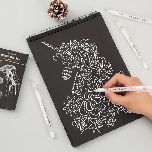 HNIHUY White Gel Pens,1mm, 0.8mm Fine Point White Pens Set, 6 Pack | Opaque White Archival Ink Pen for Black Paper Drawing, Sketching, Illustration, Bullet Journaling - color: White