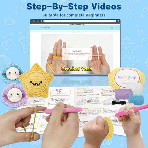 WaldyWop Crochet Kit for Beginners: 3Pcs Ocean Friends Wobbles Crochet Animal Kit for Starter Adults - Dly StressRelief Ball w/ 40% Extra Yarn, Easy Video & Instructions - Christmas Gift for Women - color: Star