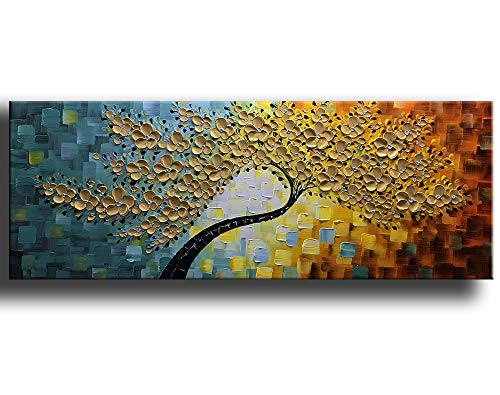 YaSheng Art -Large Wall Art ,100% Hand Painted Gold Flowers Contemporary Art Oil Painting,3D Wall Art Texture Floral Tree Paintings, Wall Art for living room Bedroom Office Wall Deco Home, Abstract Canvas Art Paintings Framed Wall Art Pictures 60 by24 inc