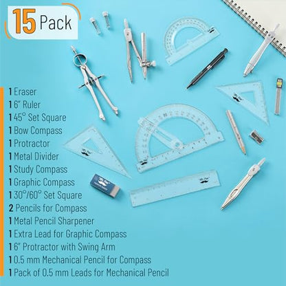 Mr. Pen- Geometry Set, 15 pcs, Light Grey, 6 Inch Swing Arm Protractor - color: Light Grey