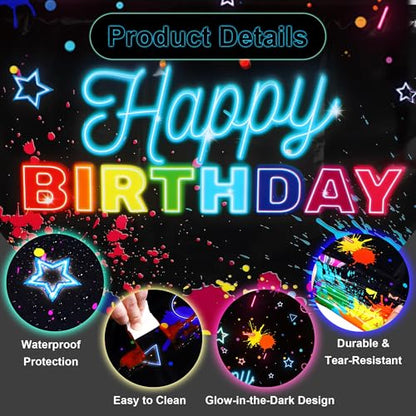 Kochorie 2 Pack Glow in the Dark Birthday Tablecloth 54 x 108 Inch Neon Disposable Plastic Table Cover Graffiti Paint Glow Table Cloths for Black Light Party, Let's Glow Birthday Decorations - style: Glow in the Dark Birthday