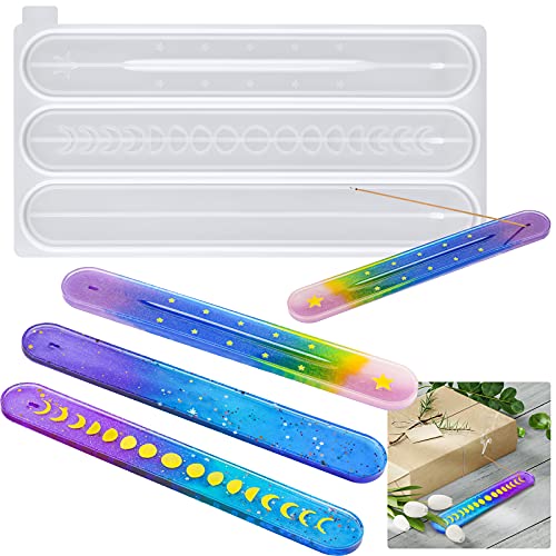 NiArt Incense Stick Holder Silicone Mold, Moon Resin, 10 Inch, 3 Designs | 3 Designs with Stars and Plain, 10 Inch Long, Easy Release, BPA-Free, Reusable, Heat Resistant, Fits Epoxy, Clay, Concrete - style: Incense Stick Holder