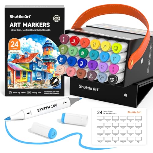 Shuttle Art Brush Tip Alcohol Markers, Dual Tip Brush & Fine Tip Art Marker Set, 24 Colors Marker Pens with Case Perfect for Illustration Kids Students Adults Coloring Sketching - color: 24 Colors