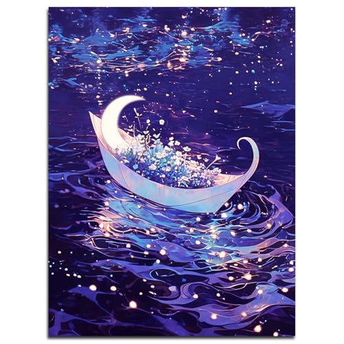 Muzagroo Art Diamond Paintings Kits for Adults 5D Round Full Drill Diamond Art Kits for Beginners Diamond Art Paintings Gem Art Kits Diamond Dots Handcrafts 30x40cm(Moon Boat) - color: Moon Boat