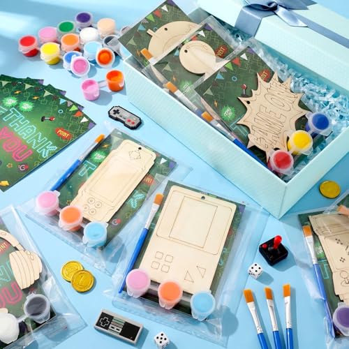 Saypacck 24 Pcs Video Game Party Favors Wooden Paint Craft Kits | DIY Craft for Kids Adults, Includes Brushes Paints Bags, Goodie Bag Fillers, Thank You Gifts, 8 Gaming Controller Designs - style: Game Theme