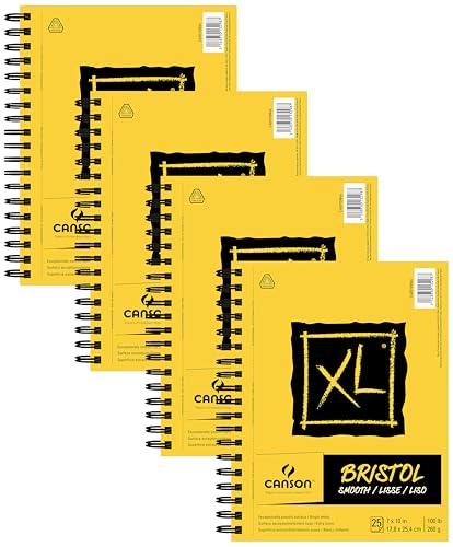 Canson XL Series Bristol Paper, Smooth, Wirebound Pad, 7x10 inches, 25 Sheets (100lb/260g) - Artist Paper for Adults and Students - Markers, Pen and Ink (Pack of 4) - size: 7x10 (Pack of 4), style: Bristol, Smooth