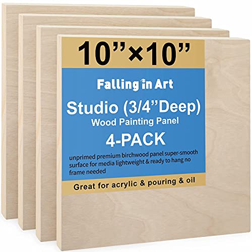 4 Pack 10x10’’ Unfinished Birch Wood Panels Kit for Painting | Studio 3/4’’ Deep Wooden Canvas, Cradle Boards for Acrylic Pouring, Art, Crafts, Epoxy Resin, Laser Engraving Cutting - size: 10'' x 10'' Studio