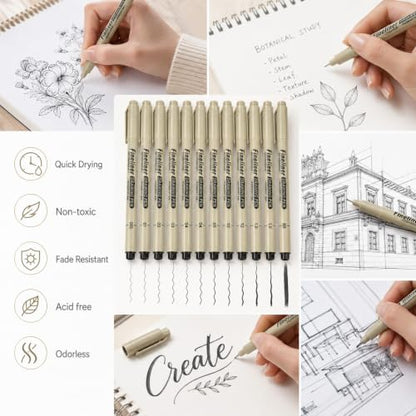12 Pcs Archival Inking Markers Black Fineliner Drawing Art Pens | Fine Line Pens, Waterproof Markers, Sketch Outline Pen for Detail Outlining Drawing Sketching, Manga Watercolor Calligraphy