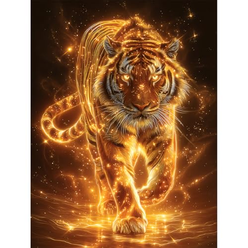 Ohhvvow Glowing Tiger Diamond Painting Kits for Adults, 12x16 Inch 5D DIY Full Round Drill Diamond Art Dots for Home Wall Decor, Gift for DIY Craft Lovers & Beginners - color: Glowing Tiger