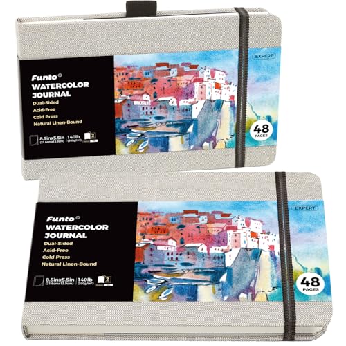 Funto Classic Hardcover Watercolor Journal, 8.5x5.5(2-Pack)-140lb Cold Press Paper, Lay-Flat Binding,Inner Pocket, for Adults & Artists - color: Gray-8.5 x 5.5