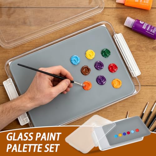 1 Pcs Neutral Grey Tempered Glass Palette for Oil Painting Paint Palette with Container & Lid & Sponge Keeps Paint Fresh for Artist DIY Color Mixing Travel Outdoor