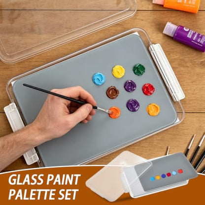 1 Pcs Neutral Grey Tempered Glass Palette for Oil Painting Paint Palette with Container & Lid & Sponge Keeps Paint Fresh for Artist DIY Color Mixing Travel Outdoor