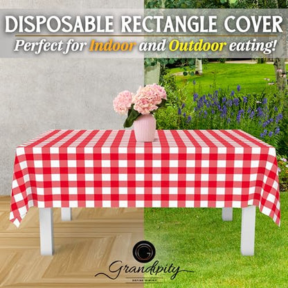 Grandipity Plastic Table Cloth Disposable 12 Pack 54” x 108” Rectangle | Red Gingham Plastic table covers, durable disposable tablecloths, fade and tear-resistent table cover for party, event - color: Red Gingham Checkered, size: 54in. x 108in. Rectangle