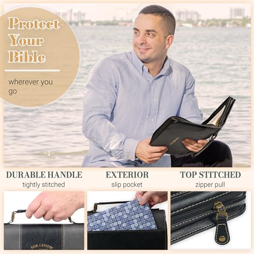 Christian Art Gifts Classic Vegan Leather Premium Inspirational Bible Cover for Men & Women: Know the Plans Encouraging Scripture Verse, Pen Loops, Ribbon Bookmark, Pockets, Charcoal/Black/Gold, Large - size: Large