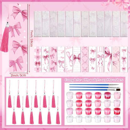 Kosiz 12 Pcs Pink Bow Paint by Number Kit for Adult Wood Bookmark | Mini Paint by Numbers Kit, Painting Decor, Tiny Tassels Blank Bookmarks, for Small DIY Craft Book Lovers Gift 7x2 '' - style: Pink Bow