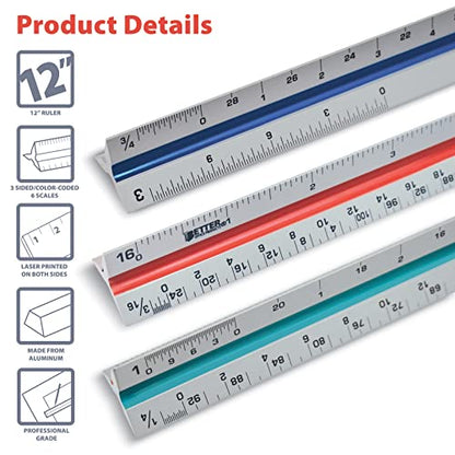 Better Office Products Triangular Ruler, 12 Inch Metal, Triple Sided Color Coded, Imperial Scale, Drafting & Architect Ruler (1 Pack)