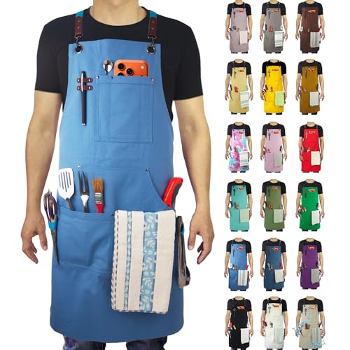 Kitchen Apron, Work Apron, Canvas Apron, SkyBlue - color: Skyblue