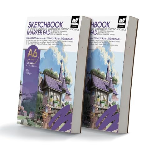 TRANSON 2 Pack A6 Mini Sketchbook Marker Pad, 80lb/120gsm Heavyweight Art Paper, No Bleed Through, 100 Sheets/200 Pages 4.13"x5.83" for Drawing & Sketching - size: 2 PACK A6 120gsm