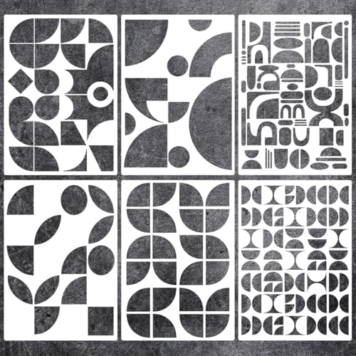 6 Piece Geometric Pattern Painting Stencils, Reusable Modern Minimalist Abstract Figures, Mid-Century Modern Drawing Templates for Wood, Canvas, Wall, Fabric - Home Decor Crafting Supplies