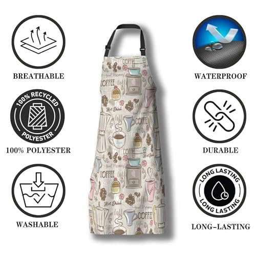 Retro Apron for Women Coffee Set Patterns Mans Aprons for Grilling for Kitchen Cooking Restaurant BBQ Painting Crafting Gardening 27” (W) x 31” (H), Waterproof Aprons - color: Coffee Set Patterns