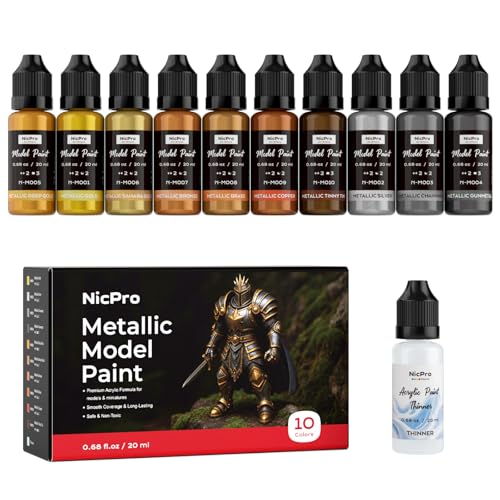 Nicpro 10 Colors Metallic Model Paint Set, 20ml Ready to Use | Modeling Acrylic Paints, Brush & Airbrush Compatible, Miniature Paint for Beginner & Pro on Model, Scale Figure, with Thinner - style: Metallic