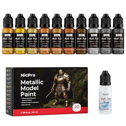Nicpro 10 Colors Metallic Model Paint Set, 20ml Ready to Use | Modeling Acrylic Paints, Brush & Airbrush Compatible, Miniature Paint for Beginner & Pro on Model, Scale Figure, with Thinner - style: Metallic