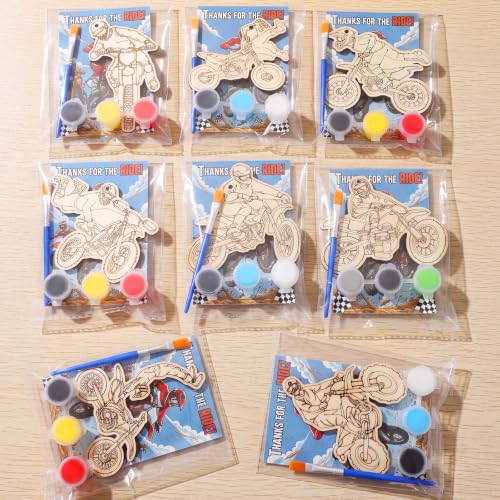 Saypacck 24 Pcs Dirt Bike Party Favors Wooden Paint Craft Kits | 12 Motocross Wood Pieces with Paint Palettes, Organza Bags Included, Ideal for Goodie Bag Fillers and Thank You Gifts - style: Dirt Bike