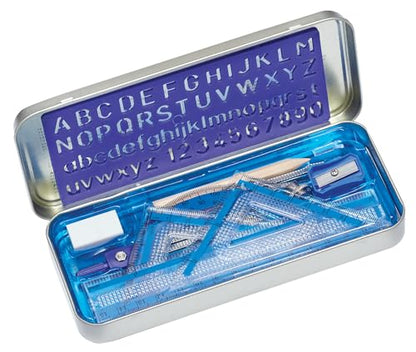 STAEDTLER 10-Piece Math Set with Metal Compass, 6" Ruler & Triangle Squares, 45° & 30/60° Set Squares, Alphabet Stencil - Measuring Tools