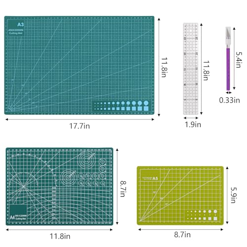 3Pcs Self Healing Cutting Mat with Knife and Quilting Ruler，3 Size Non-Slip Cutting Mat for Crafts Hobby Project， A3/A4/A5，Green