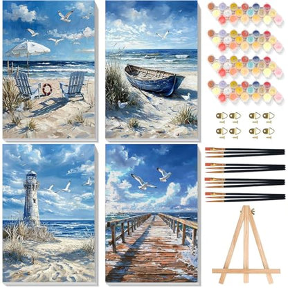 4 Pack Beach Paint by Numbers for Adults with Framed Canvas - Wooden Easel - color: BKH2393+BKH2394+BKH2395+BKH2396