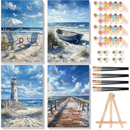 4 Pack Beach Paint by Numbers for Adults with Framed Canvas - Wooden Easel - color: BKH2393+BKH2394+BKH2395+BKH2396