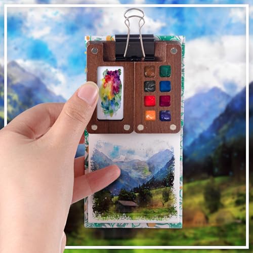 Qilery Mini Portable Watercolor Palette Set Wooden Grid Paint Box Watercolor Paper Sketch Book Brush Pens with Binder Clip for Painters Artist Not Include Paint(Mountain Chrysanthemum) - style: Mountain Chrysanthemum