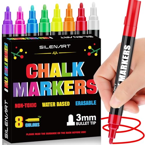 SILENART Liquid Chalk Markers - 8 Vibrant Colors - Chalkboard Markers for Blackboard Glass Window Car Dry Erase Board Acrylic Calendar Board Whiteboard- Wet Erase - color: Multicolor, style: 3mm Tip - 8 Pack