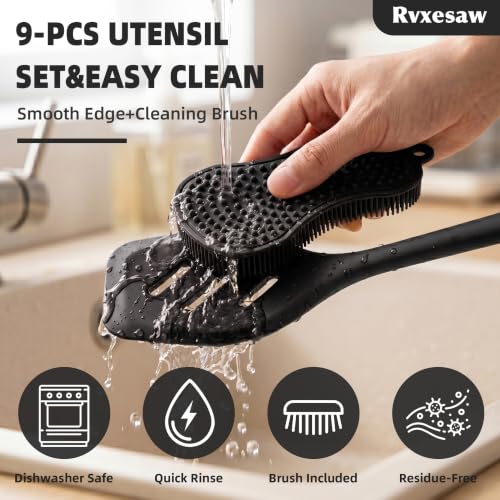 Kitchen Utensils Set,9 PCS Silicone Cooking Utensils Set Spatula Set,Non Toxic Cooking Utensils,Tongs,Spoon,Whisk,Brush,BPA Free Kitchen Gadgets for Non-Stick Cookware,Home Essential(Black-9P) - color: Black